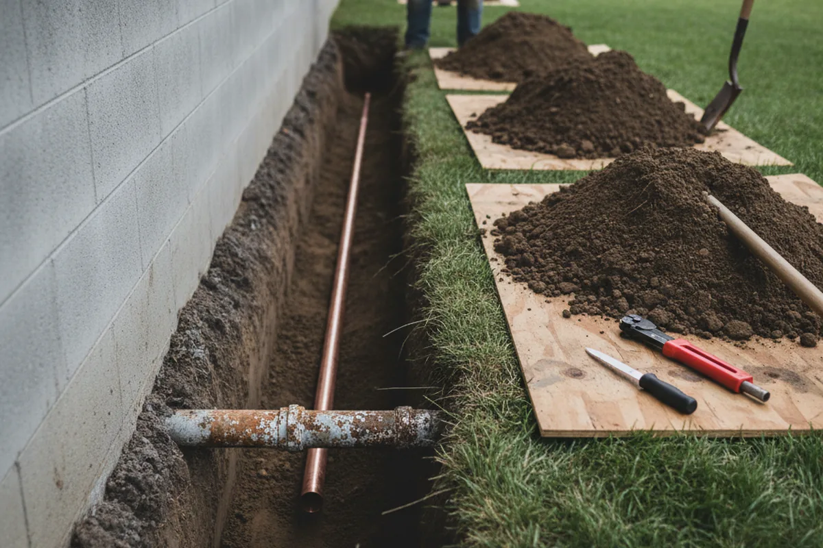 Excavated water line trench during Water Softener Installation in Winnsboro